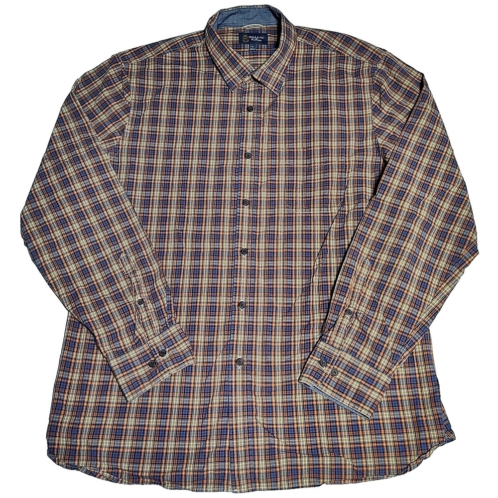 WALLIN &‎ BROS. Men XL Blue Orange Plaid Cotton Button-Up Long Sleeve Shirt